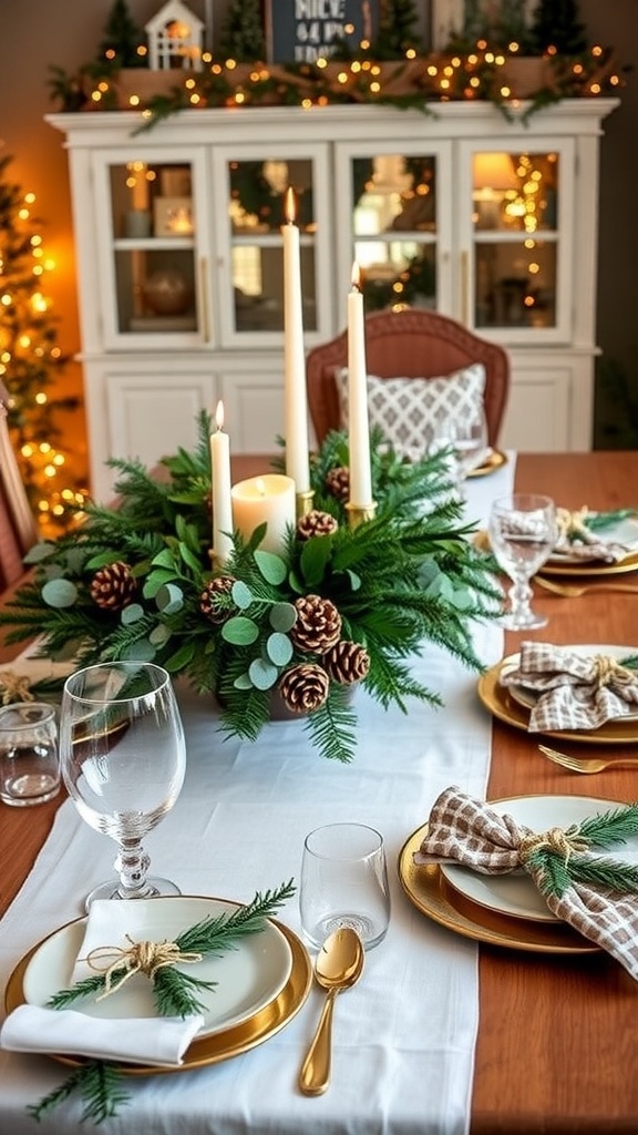 A festive Christmas table setting with homemade decorations, including greenery, candles, and pinecones.